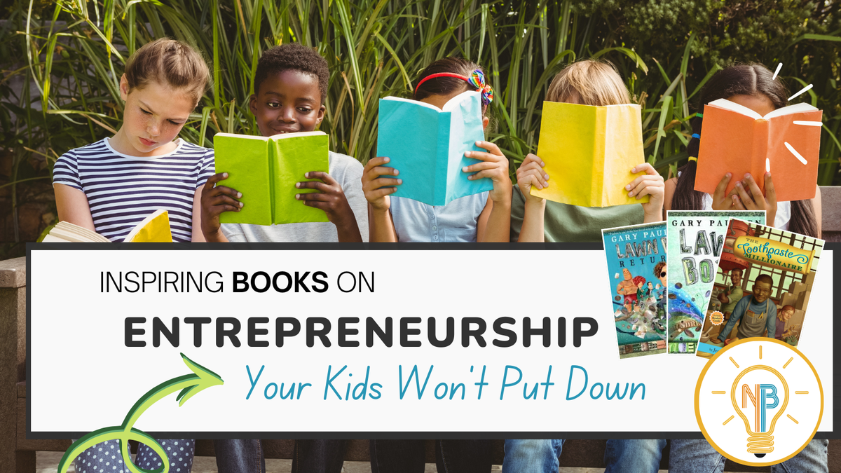 5 children sit outside reading entertaining entrepreneurship books