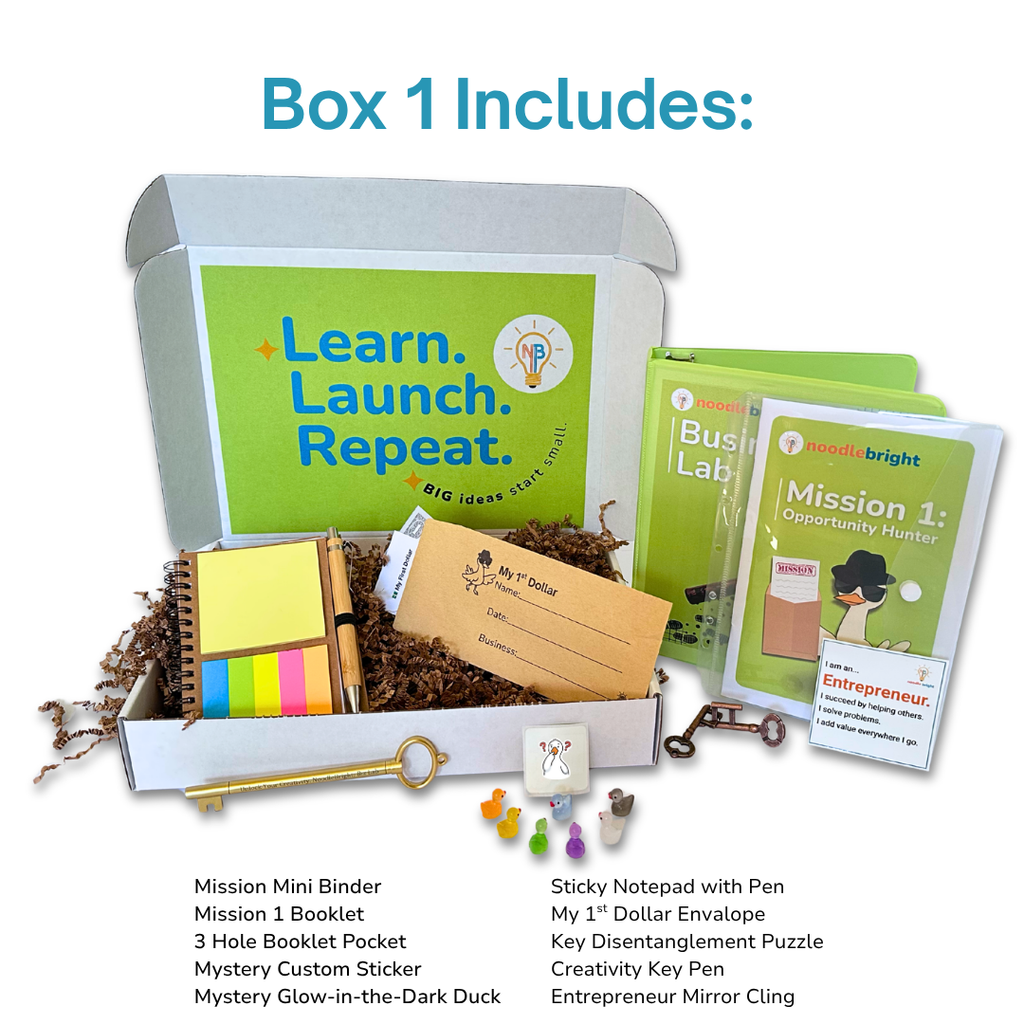 Educational entrepreneurship business kit subscription box for kids ages 9-14 with various items including a sticky notepad, key, and books on a white background.