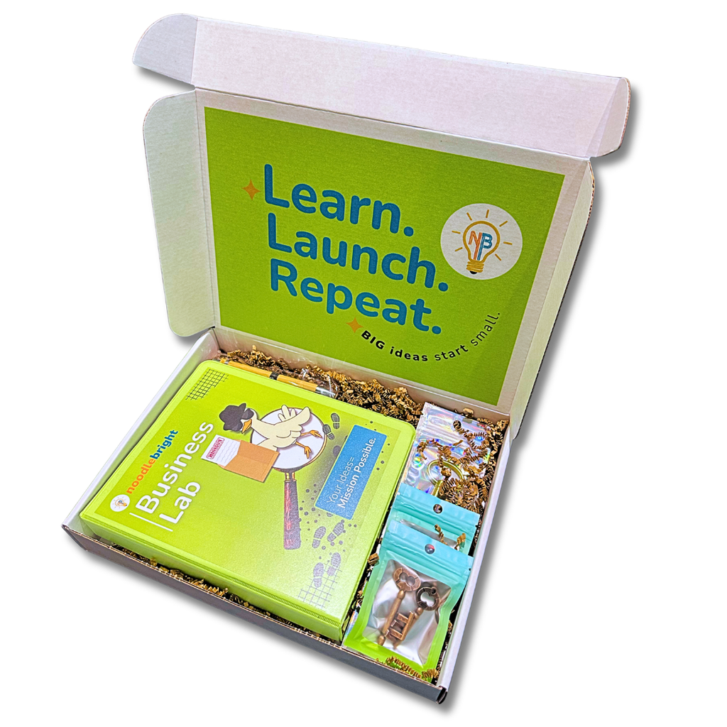 Educational Noodle Bright Business Lab Subscription Box kit with 'Learn. Launch. Repeat.' text on a white background