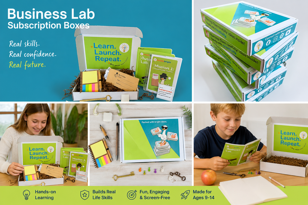 A collage showing the Business Lab subscription box set in use and packaged. The set includes multiple green and white boxes, books titled 'Learn, Launch, Repeat', sticky notes, and small wooden craft components.