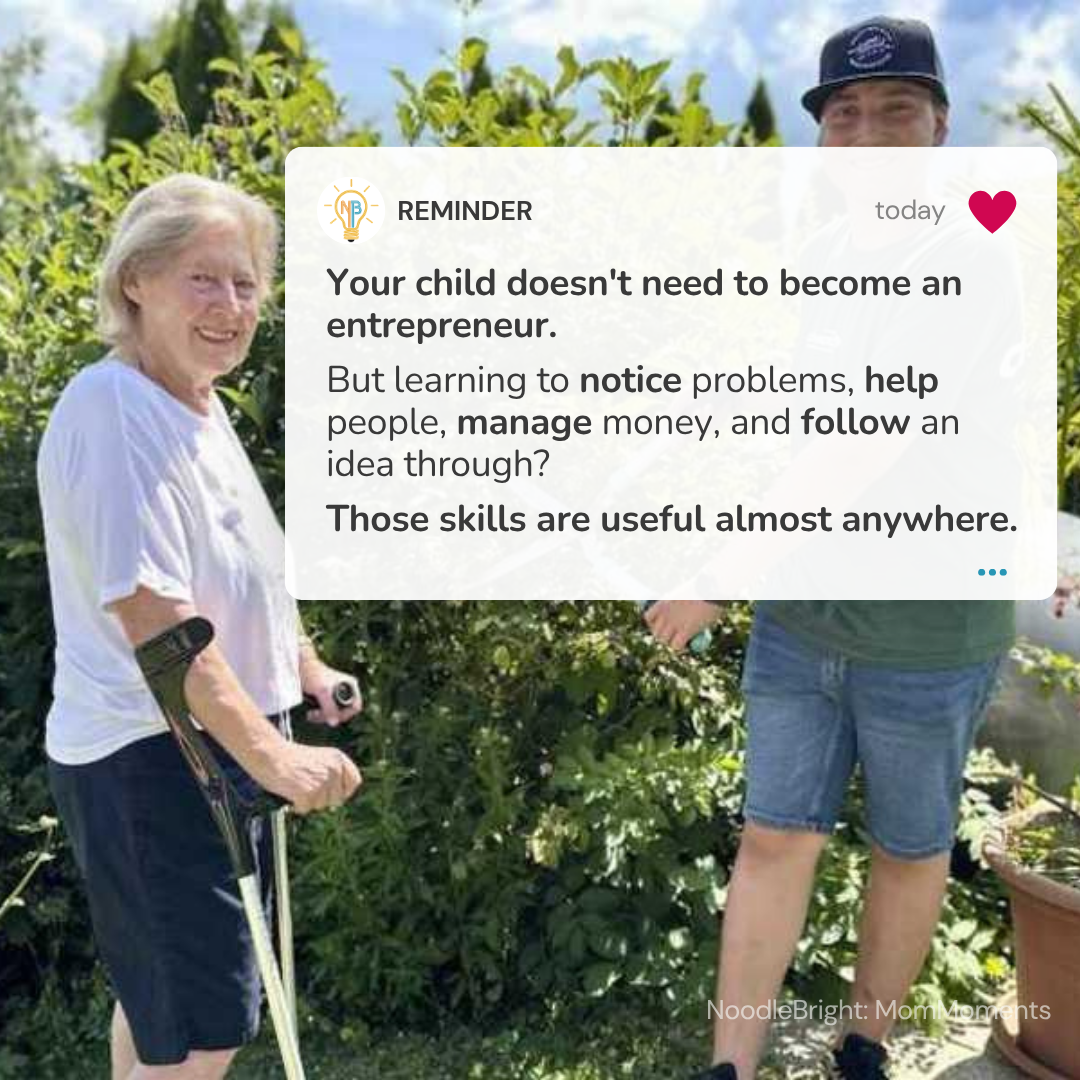 A lifestyle promotional image featuring an elderly woman on crutches and a young man in a garden, with a large text overlay box reading a motivational message about parenting and skills. The watermark 'NoodleBright Mom Reports' is visible in the bottom right corner.